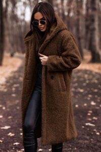 A long, brown teddy coat with a plush texture