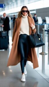 Chic Camel Coat & Leather Leggings Combo