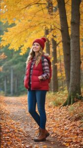 Red Puffer Vest Paired with Plaid Shirt and Hiking Boots