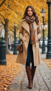 Trench coat and Cozy Plaid Scarf Combo